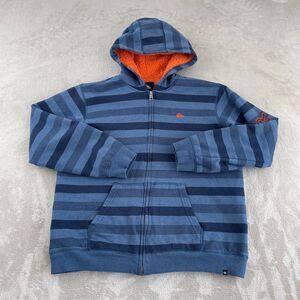 Quiksilver Hoodie Boys Large 14-16 Blue Striped SpellOut Sherpa Lined Skateboard